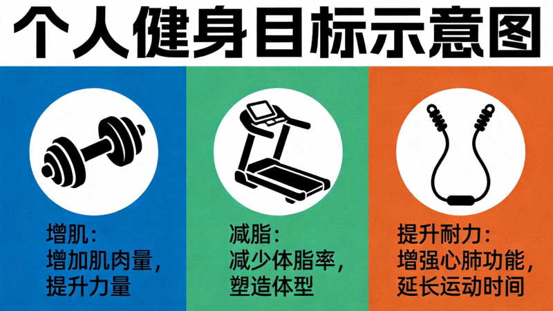 明确个人健身目标，例如增肌、减脂或提升耐力的示意图